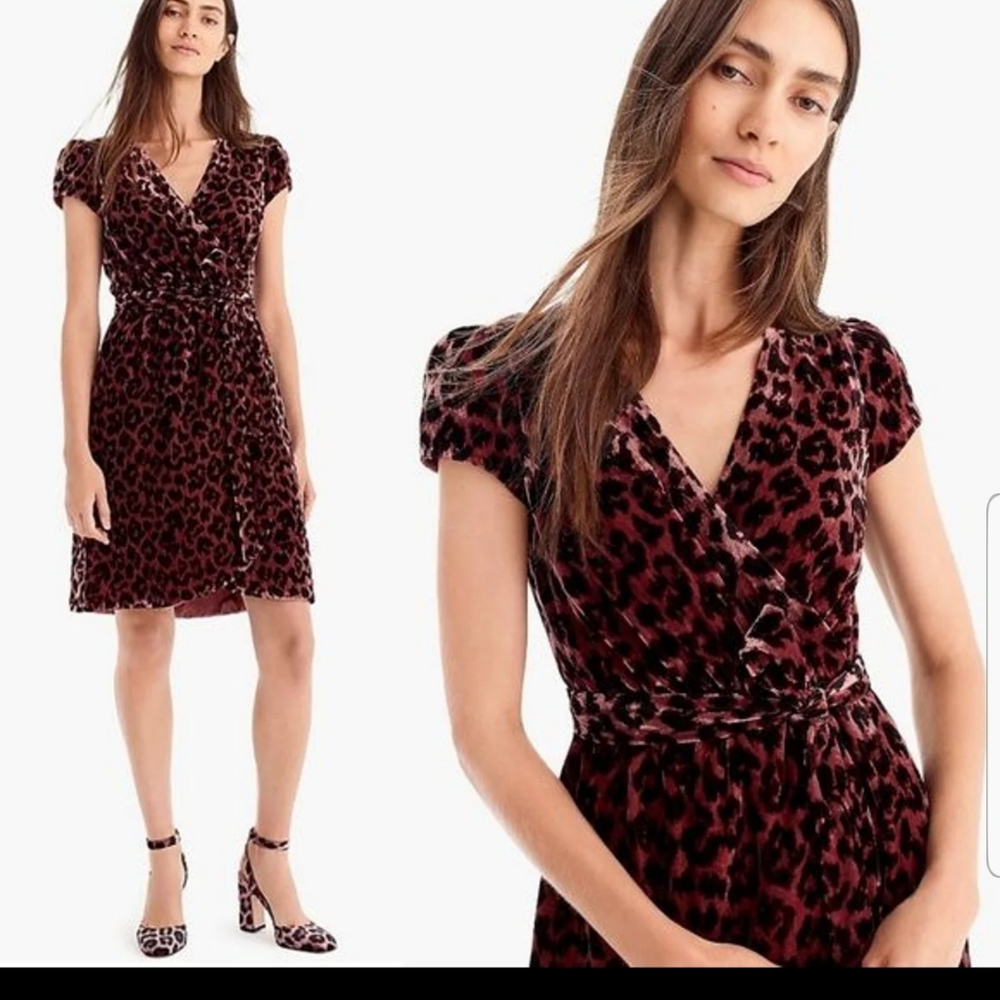 J crew rose velvet leopard faux wrap dress